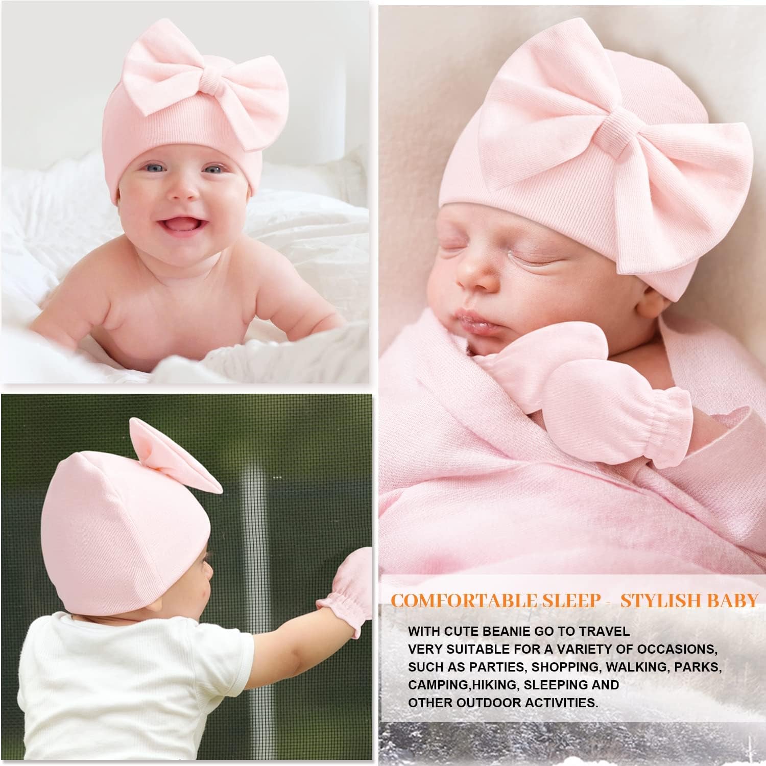 Newborn Beanie Hat Gloves Set, Baby Girl Beanie Spring Summer Autumn Winter Hats for Newborn Infant Cotton