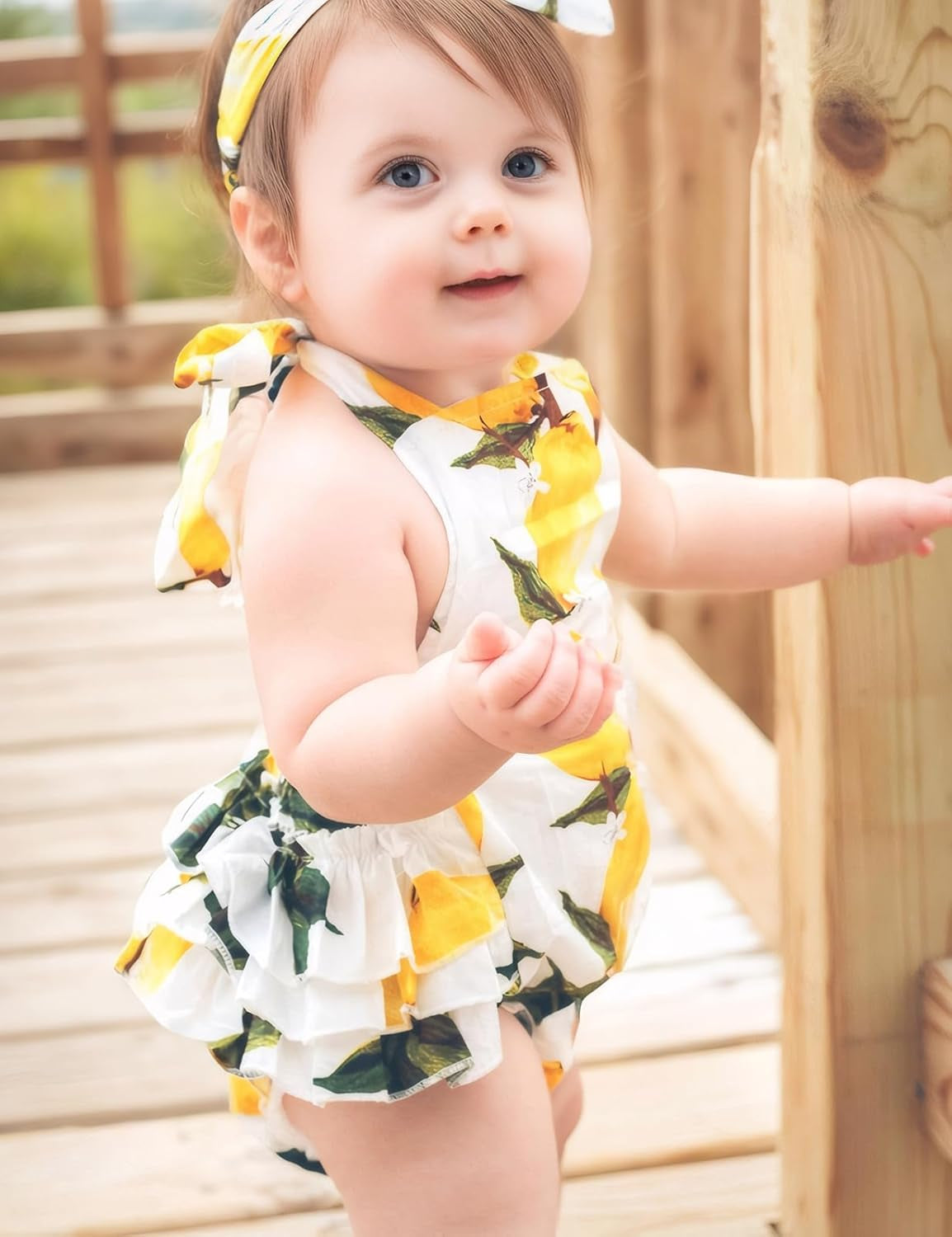 Baby Girl'S Floral Print Ruffles Romper Summer Clothes with Headband